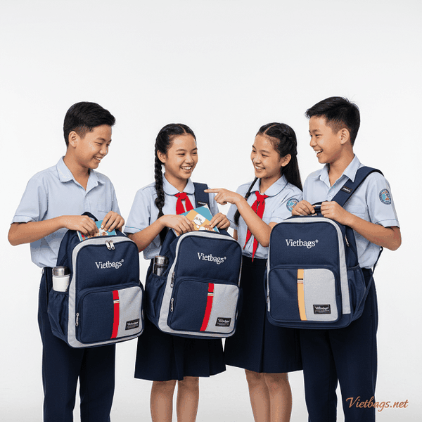 Khách hàng trải nghiệm và kiểm tra chất lượng đường may tỉ mỉ trên mẫu balo đồng phục trường học cao cấp được sản xuất bởi thương hiệu Vietbags