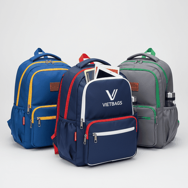 Góc nhìn thực tế giải pháp may balo đồng phục trường học với đường may tinh xảo, chất liệu cao cấp và thiết kế tối ưu công năng từ thương hiệu Vietbags.