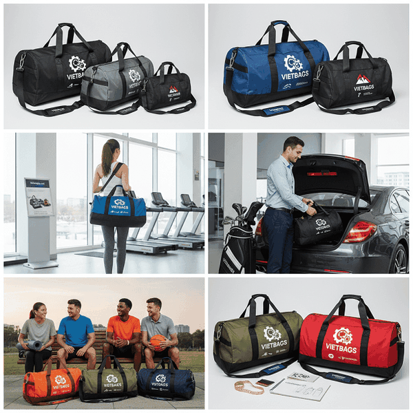 Mẫu túi trống thể thao in logo doanh nghiệp cao cấp do Vietbags sản xuất trong bối cảnh phòng tập gym hiện đại, khẳng định uy tín và chất lượng gia công chuyên nghiệp của thương hiệu Vietbags.