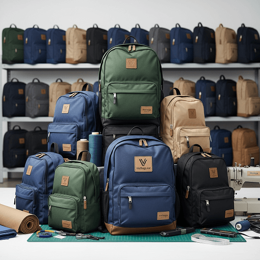 Bố cục vật dụng phong cách minh họa quy trình sản xuất balo số lượng lớn chuyên nghiệp và uy tín tại xưởng may Vietbags