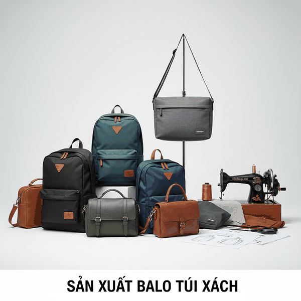 Bố cục sắp xếp vật dụng và nguyên liệu sản xuất balo túi xách chuyên nghiệp tại xưởng Vietbags, thể hiện sự tỉ mỉ và đẳng cấp thương hiệu Vietbags.