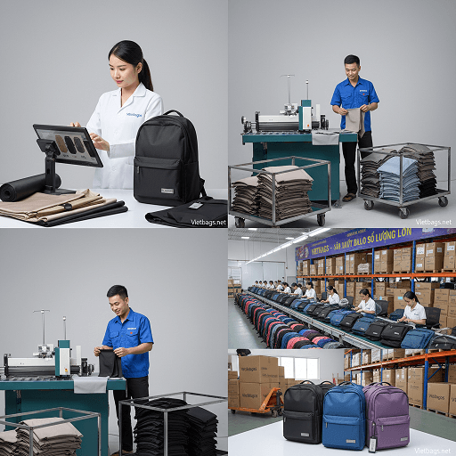 Khách hàng đang trải nghiệm và kiểm tra chất lượng sản phẩm trực tiếp tại xưởng sản xuất balo số lượng lớn Vietbags, quy trình gia công chuyên nghiệp khẳng định uy tín thương hiệu Vietbags.