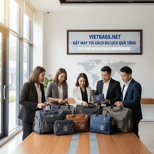 Nhân viên sử dụng túi xách du lịch cao cấp in logo công ty do Vietbags sản xuất làm quà tặng doanh nghiệp trong chuyến công tác