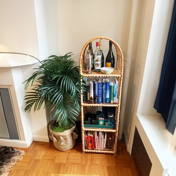 Vintage Rattan Arched Bookcase Wicker Shelf