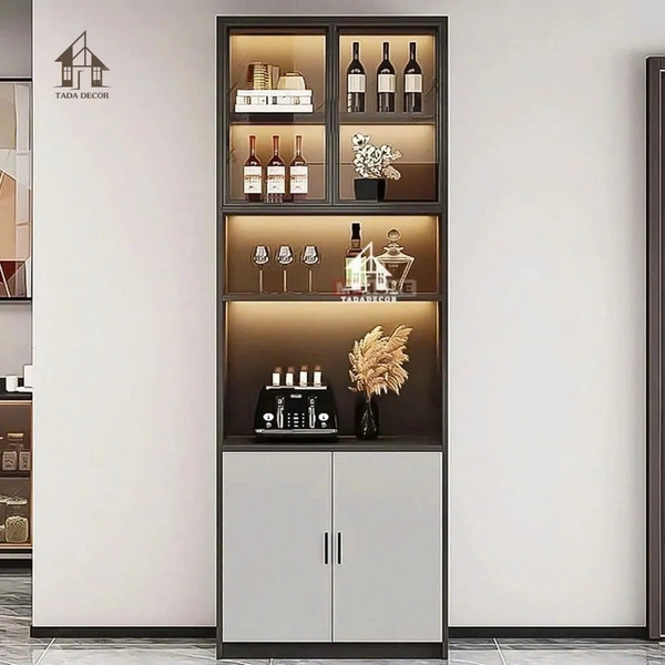 Mẫu tủ rượu đẹp hiện đại bằng gỗ kết hợp kính cho phòng khách.