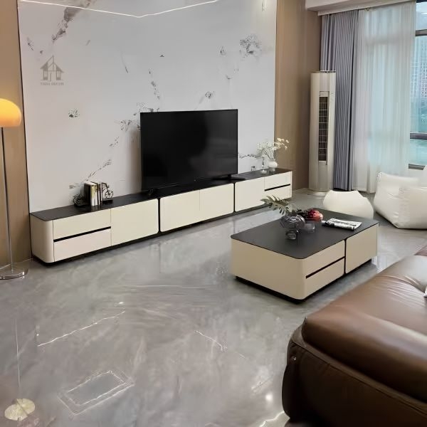 thiết kế kệ tivi để sàn gỗ sang trọng hiện đại