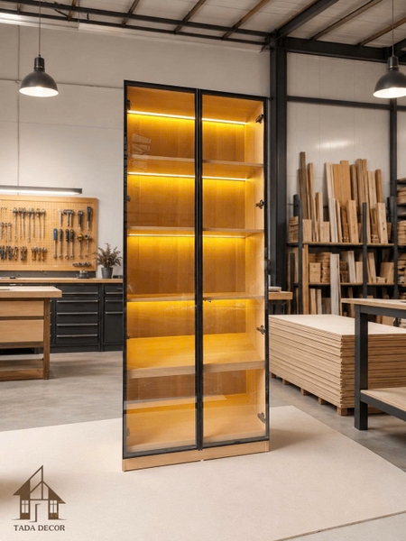 Mẫu tủ rượu đẹp hiện đại vân gỗ óc chó cánh kính kết hợp đèn LED sang trọng