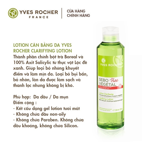 Nước hoa hồng Yves rocher lotion clarifiant dành cho da dầu mụn 150ml - hàng Pháp Hàng Pháp Xách Tay