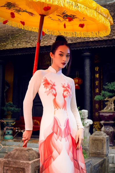 Traditional Vietnamese dress with orange lotus pattern chiffon silk