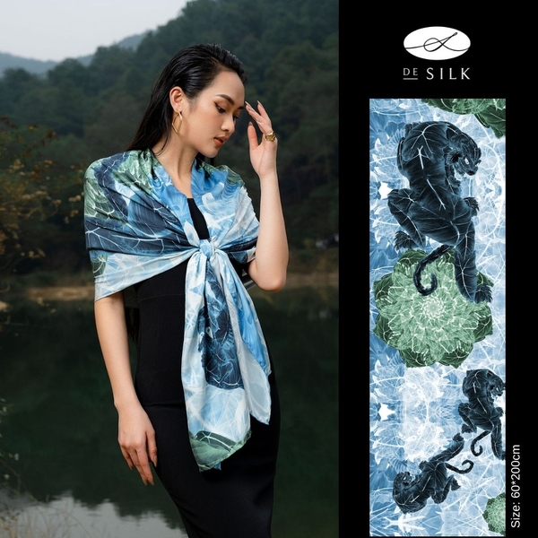 Tiger sapphire blue long silk scarf