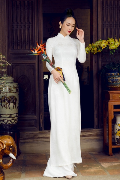 Traditional Vietnamese dress with white cranes pattern