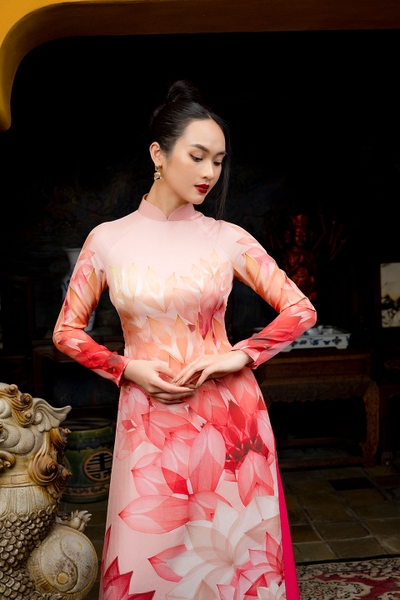 Traditional Vietnamese dress with red lotus pattern