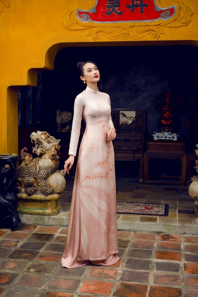 Traditional Vietnamese dress with pink cranes pattern