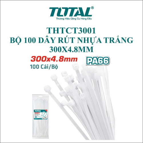 Bộ 100 dây rút nhựa trắng 300x4.8mm Total THTCT3001