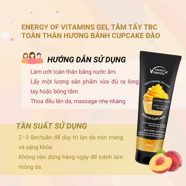 Energy of Vitamins Gel tắm tẩy tế bào chết toàn thân hương bánh cupcake đào 240ml