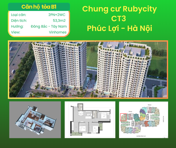 BÁN CHUNG CƯ RUBYCITY CT3 Phúc Lợi 53m2 2 NGỦ 2 WC Full đồ nội thất. Giá 3.x tỷ.