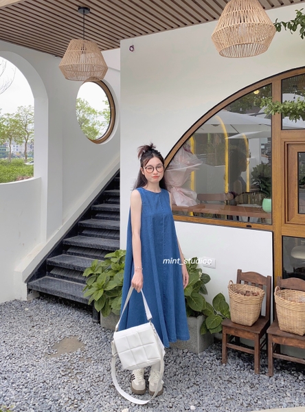 HENA DENIM - Váy bò dài xòe thắt nơ lưng