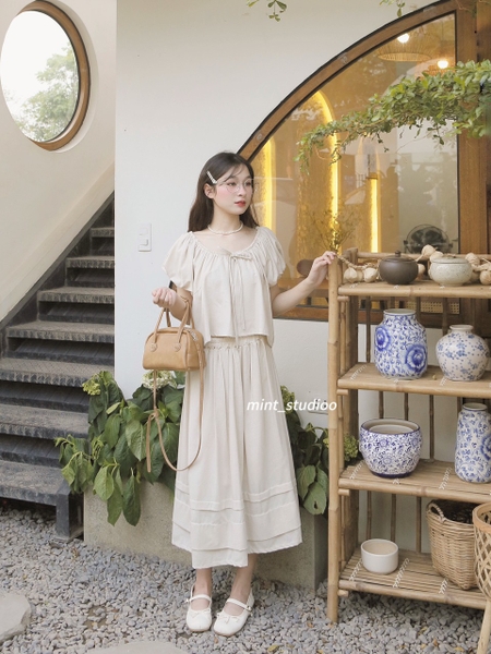 SET LINEN ÁO THẮT NƠ KÈM CHÂN VÁY DÀI ULINA