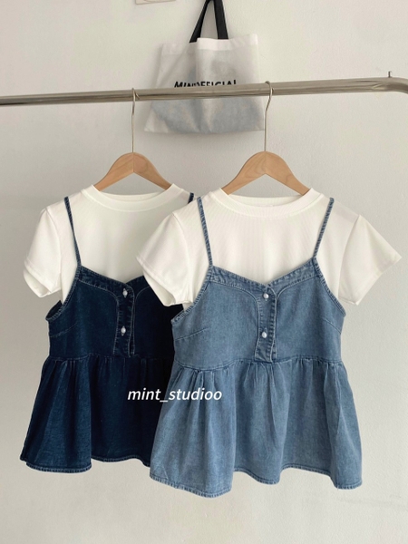 SET ÁO DÂY BÒ BABYDOLL KÈM ÁO TEE TRẮNG CỔ TRỤ MÃ 064.1352