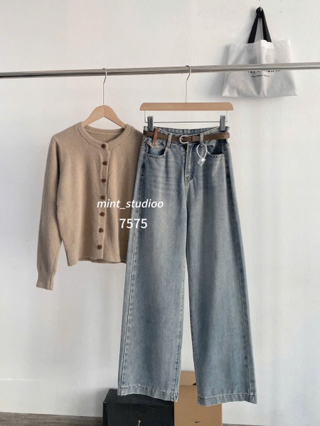 QUẦN JEANS SUÔNG KÈM BELT NÂU MÃ 7575
