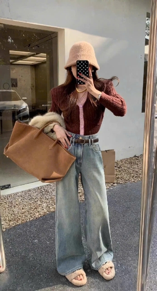 QUẦN JEANS SUÔNG KÈM BELT NÂU MÃ 7575