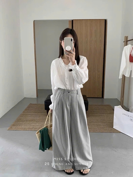 QUẦN VẢI KẺ SỌC SUÔNG RỘNG MÃ 3028