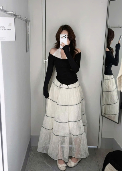 ÁO DÀI ĐEN CỔ MIX YẾM WWGE MÃ W8346