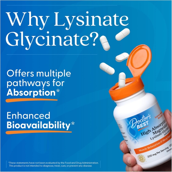 Doctor's Best Magnesium Glycinate Lysinate 200mg – Hấp Thu Cao, Hỗ Trợ Thần Kinh, Ngủ Ngon & Giảm Chuột Rút