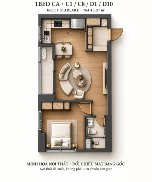 Chuyển nhượng căn hộ K8 Starlake Tây Hồ Tây 1PN 48,97m² – mẫu 1BED-CA – giá dự kiến từ 9,402 tỷ
