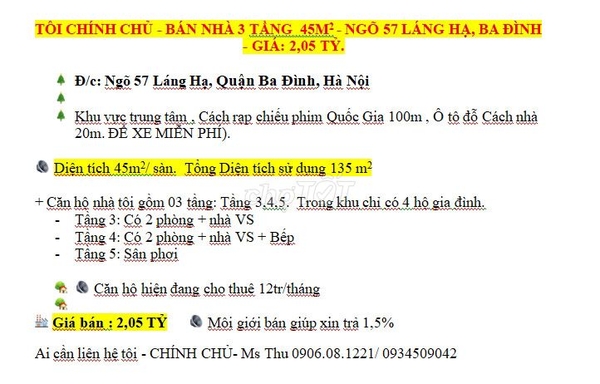 CHÍNH CHỦ- BÁN NHÀ 3 TẦNG 45M2 - NGÕ 57 LÁNG HẠ