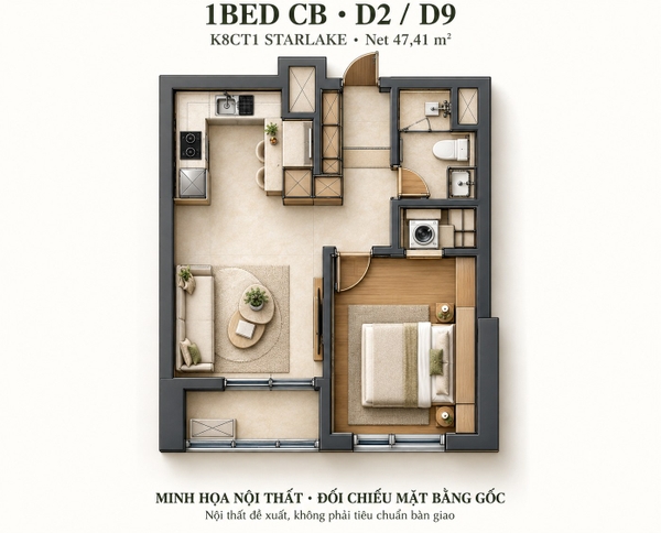 Chuyển nhượng căn hộ K8 Starlake Tây Hồ Tây 1PN 47,41m² – mẫu 1BED-CB – giá dự kiến từ 8,723 tỷ