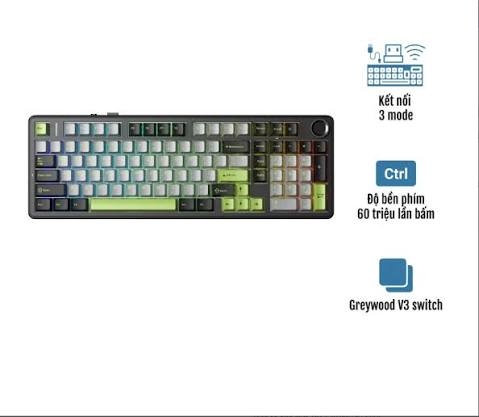 AULA F99 PRO BÀN PHÍM CƠ GAMING 3 MODE (Có núm xoay/ Đen + Xám + Xanh lá/ Greywood V3 switch)