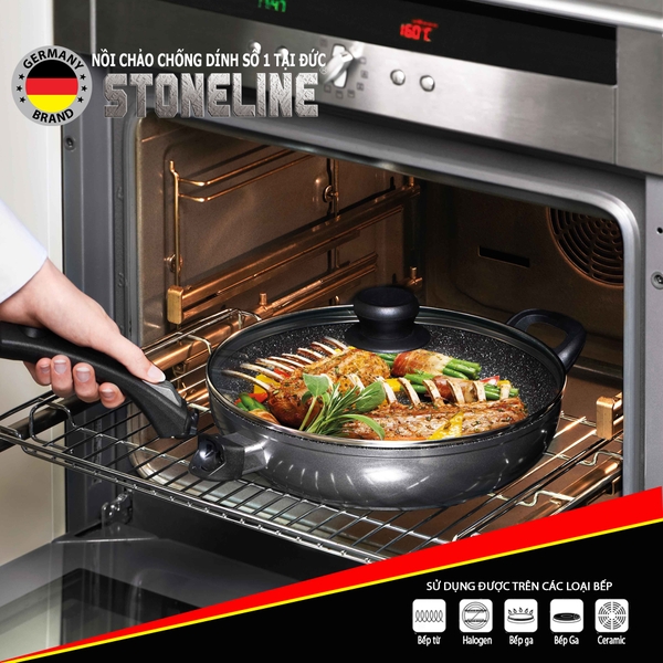 Chảo chống dính phủ đá thiên nhiên Stoneline 28cm có nắp sử dụng bếp từ