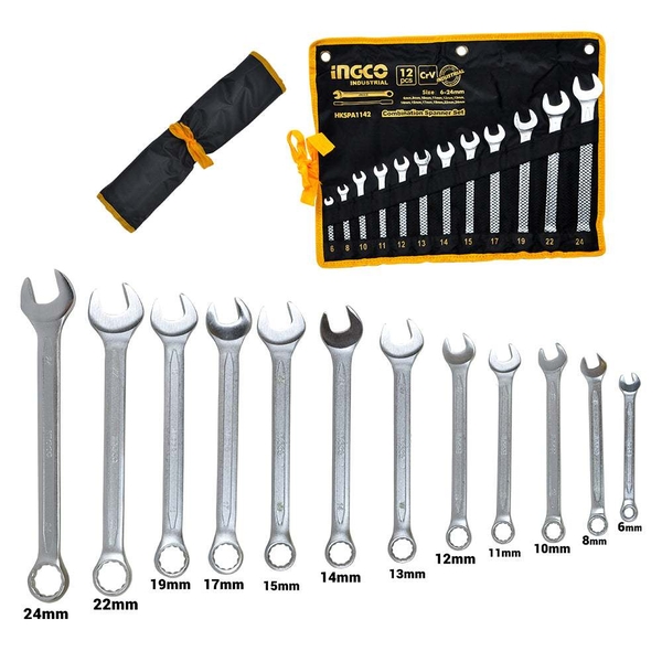 INGCO Maulschlüssel-Set 12-teilig – Größen 6 Bis 24 Mm, Verchromt, Mit Praktischer Aufbewahrungsmappe