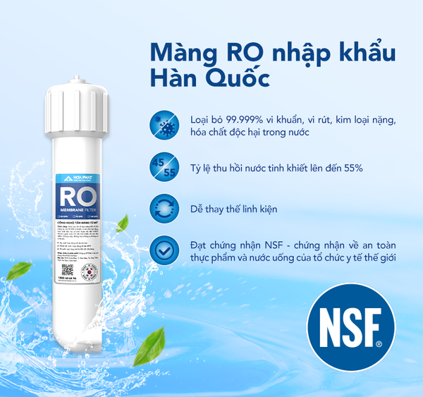 HPR556 được trang bị màng RO 75GPD nhập khẩu Hàn Quốc với công suất lọc 15L/H 
