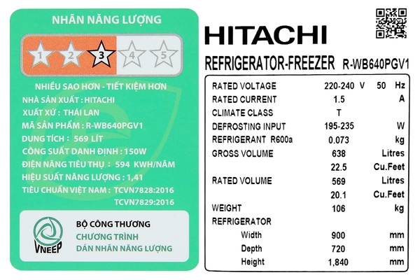 Tủ lạnh Hitachi Inverter 569 lít R-WB640PGV1 GMG Mới 100%