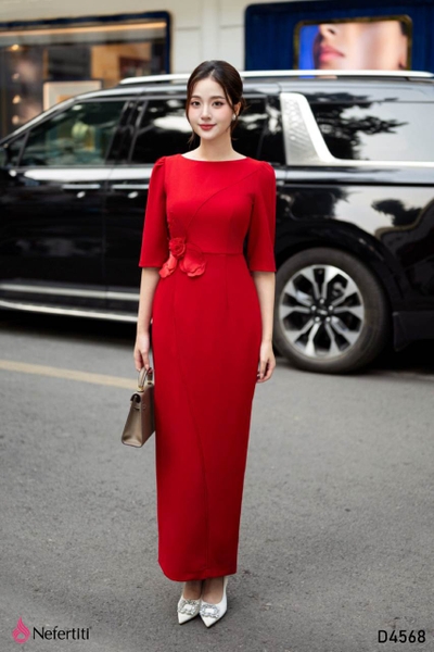 3D4568 - Đầm Đỏ Body Hoa 3D Nổi Bật