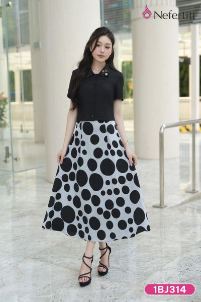 1BJ314 - Sét bộ áo sơ mi + Chân váy lụa chấm bi đen