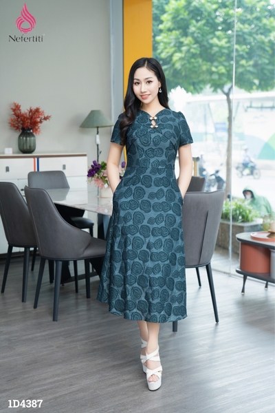 1D4387 - ĐẦM REN HOA CHÌM XANH