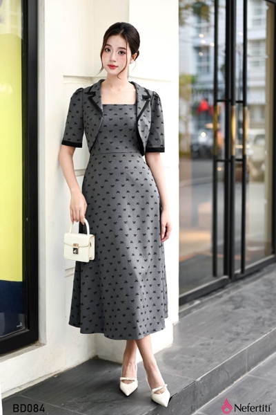 3BD084 - Bộ Đầm Họa Tiết Nơ Nhỏ Thanh Lịch