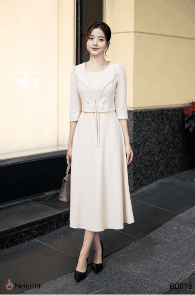 3BD078 - Bộ đầm kem dịu dàng nơ bướm