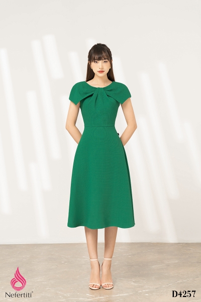 3D4257 - ĐẦM CỔ TRÒN XẾP NƠ CÁCH ĐIỆU