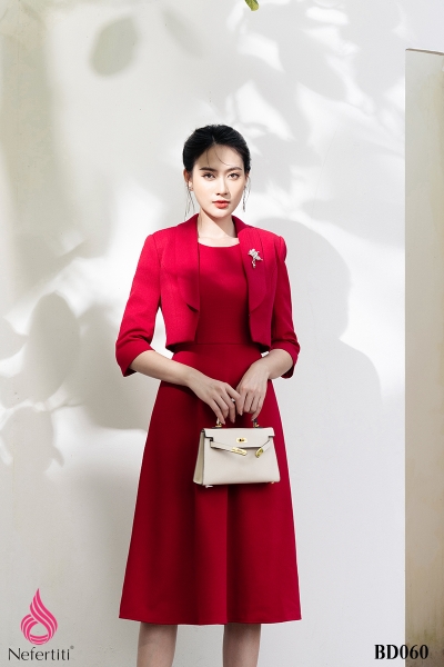 3BD060 - SET ĐẦM ĐỎ DÁNG XÒE + VEST LỬNG THANH LỊCH
