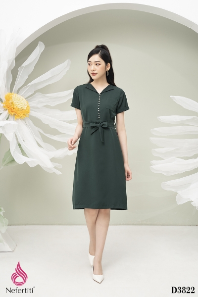 1D3822 - ĐẦM LỤA DÁNG SUÔNG THẮT ĐAI EO