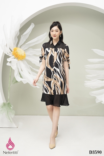 1D3590 - ĐẦM SƠ MI TAY THẮT NƠ CÁCH ĐIỆU