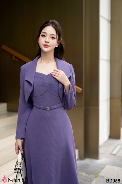 3BD068  - SÉT ĐẦM TÍM DÁNG XÒE + ÁO KHOÁC LỬNG TRẺ TRUNG