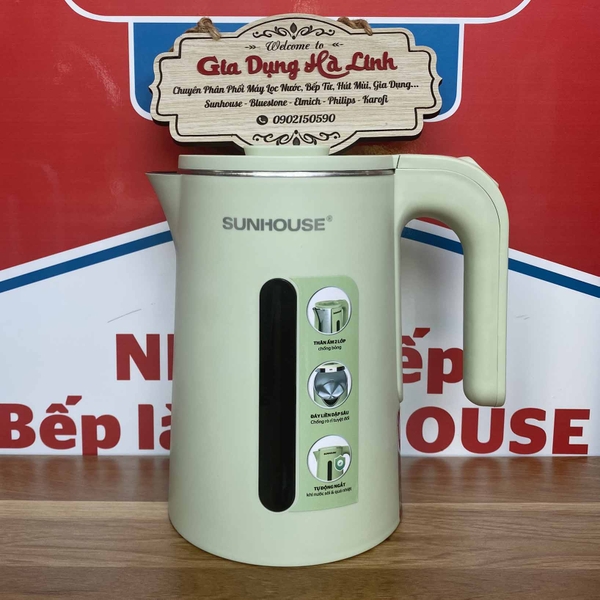 Ấm siêu tốc 2 lớp Sunhouse SHD1353, Công suất 1500W, Dung tích 1.8 Lít, Cấu tạo lớp trong inox 304, lớp ngoài nhựa chịu nhiệt siêu bền, Bảo hành 12 tháng