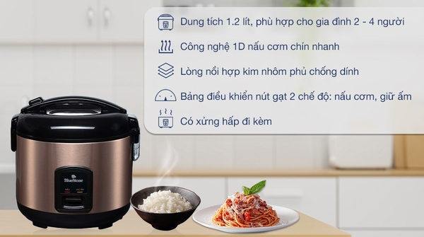 Nồi cơm điện Bluestone RCB-5512, Công suất 500W, Dung tích 1.2 Lít, Lòng nồi hợp kim nhôm phủ chống dính, Vỏ nhựa ABS siêu bền, Bảo hành 24 tháng