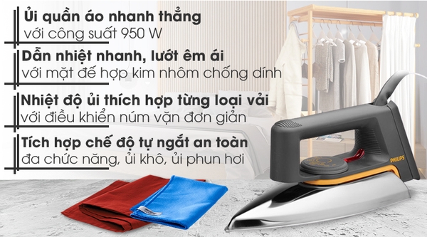 Bàn là khô Philips HD1172, Công suất 950W, Mặt bàn là hợp kim nhôm phủ chống dính, Tự ngắt khi quá nhiệt, Bảo hành 2 năm