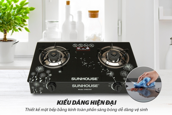 Bếp gas dương kính Sunhouse SHB3365, Mặt kính cường lực, Pep đồng, Kiềng thép tráng men, Hệ thống đánh lửa Magneto, Bảo hành 12 tháng